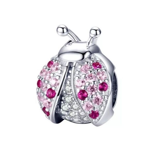 925 Sterling Silver Pink Ladybug Charm - Picture 1 of 7